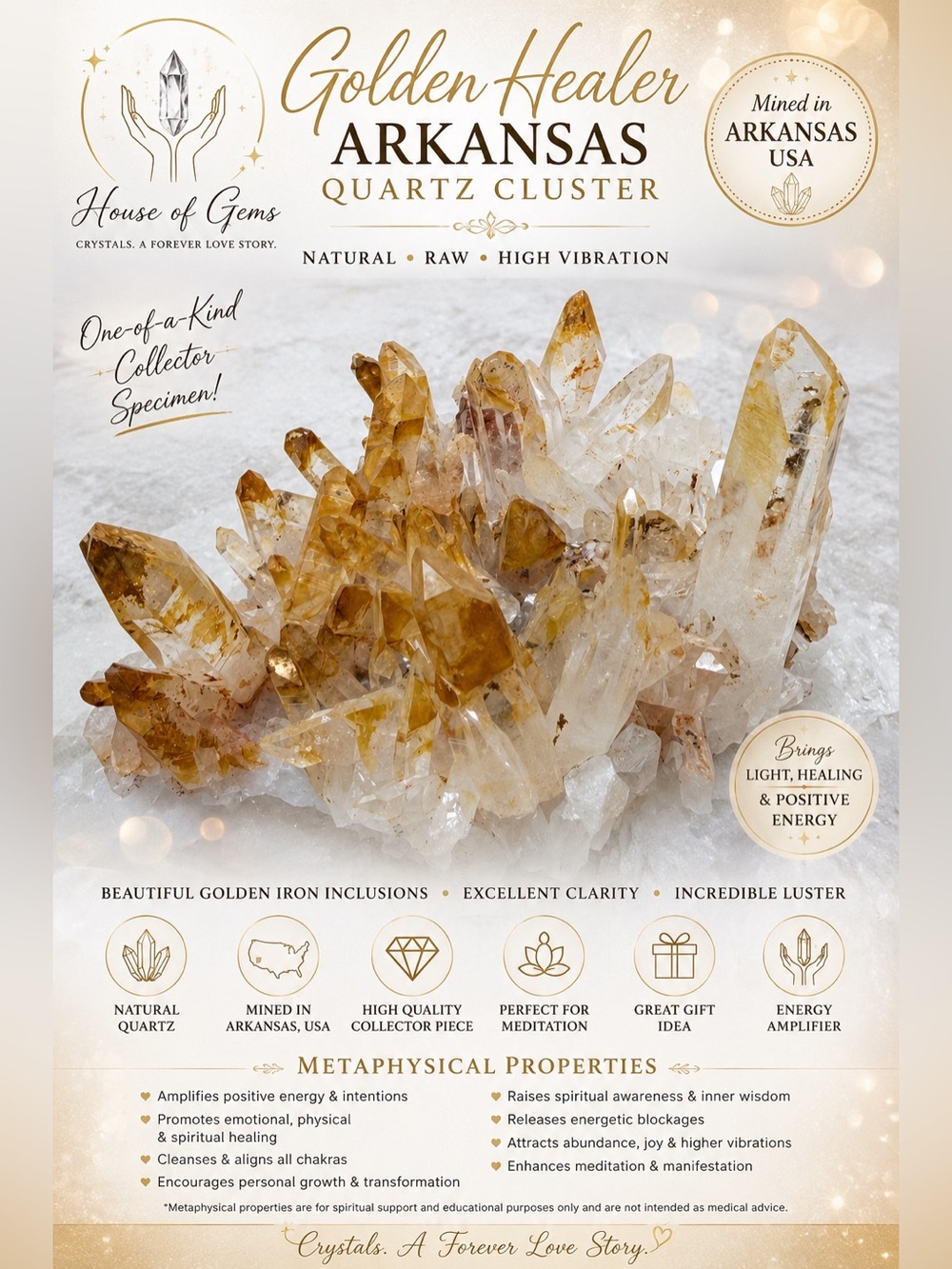 Golden Healer Arkansas Quartz Cluster
